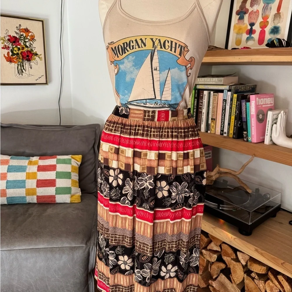 Vintage 80’s or 90’s Alfred Dunner Vibrant Floral and Stripe Midi Skirt